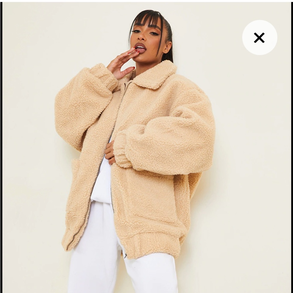 NWT PrettyLittleThing Camel Oversized Borg Pocket Front Coat Size 8